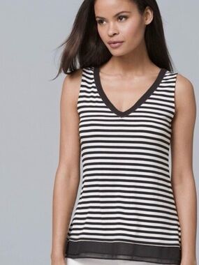 WHBM Sleeveless Embellished Stripes V Neck Tank Top Chiffon Trim | Sz S
